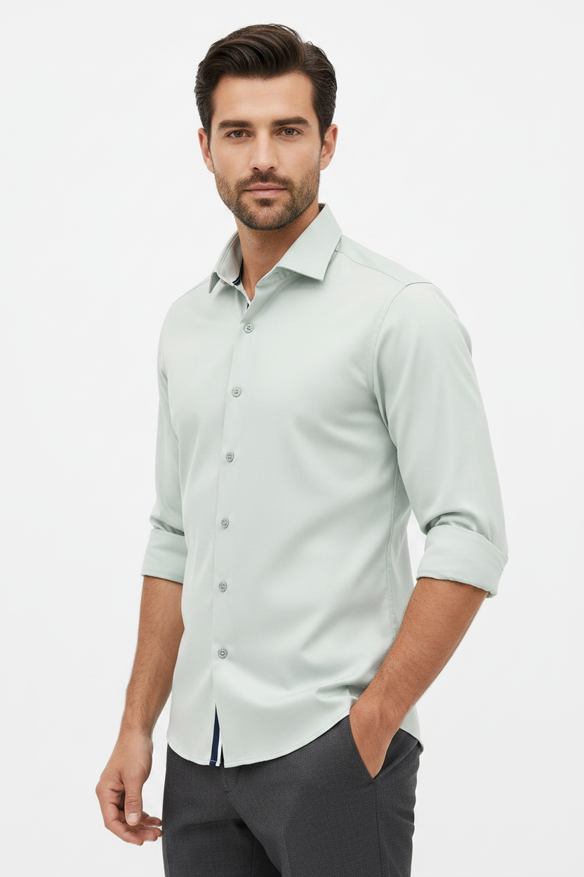 Wam Denim Kalden Light Menthol Long Sleeve Shirt – three-quarter view on model