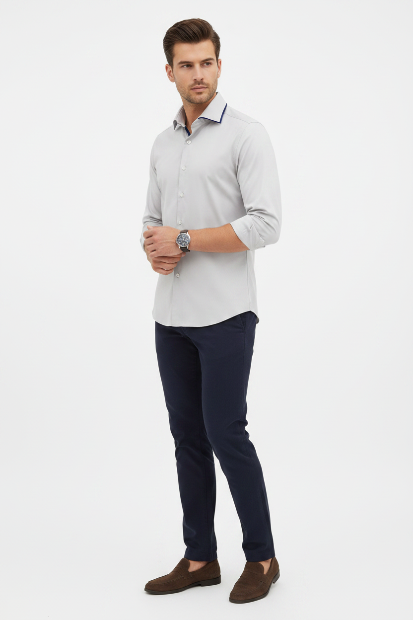 Wam Denim Norvik Light Grey Long Sleeve Shirt – three-quarter view on model