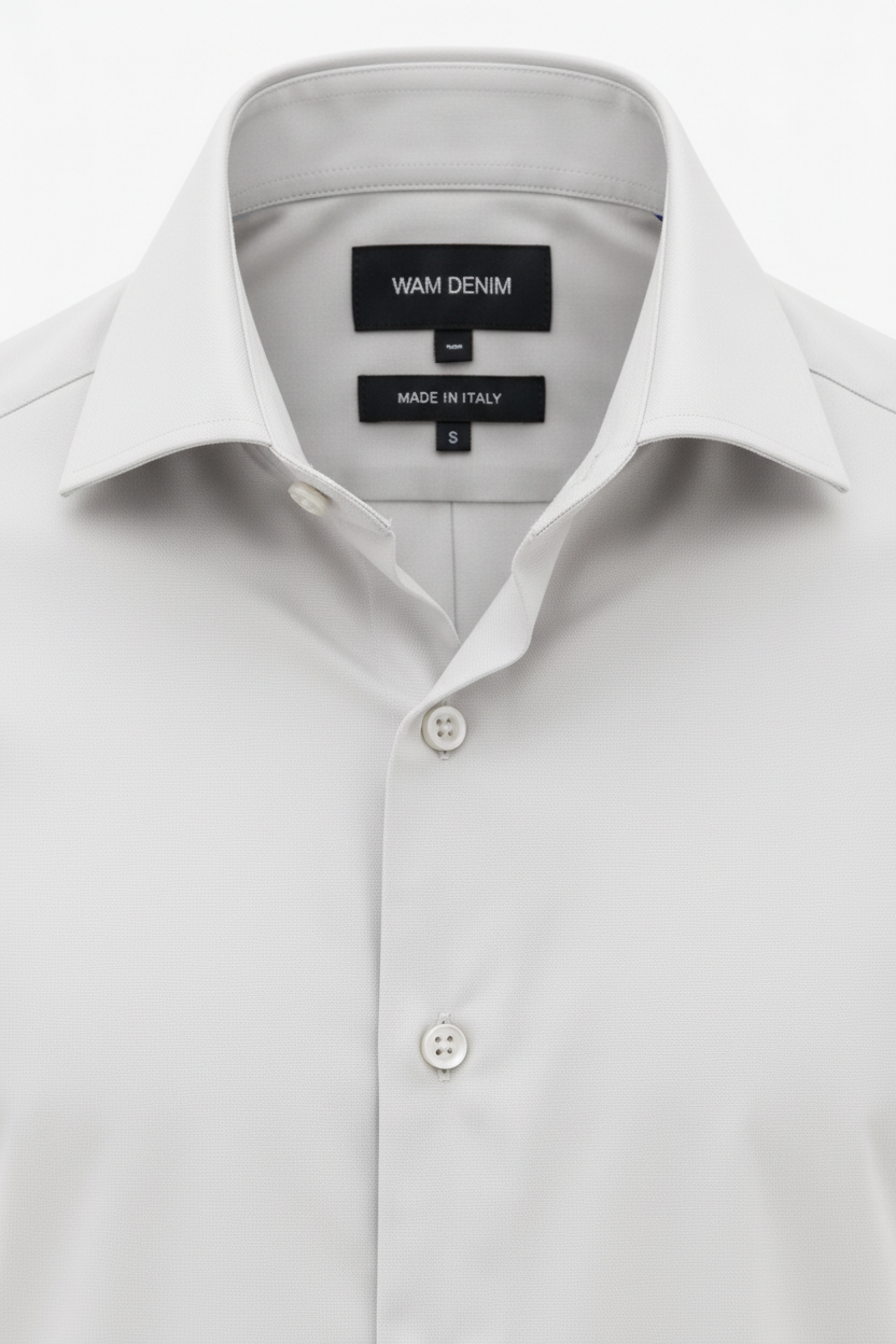 Wam Denim Norvik Light Grey Shirt – spread collar with white inner lining and navy trim close-up