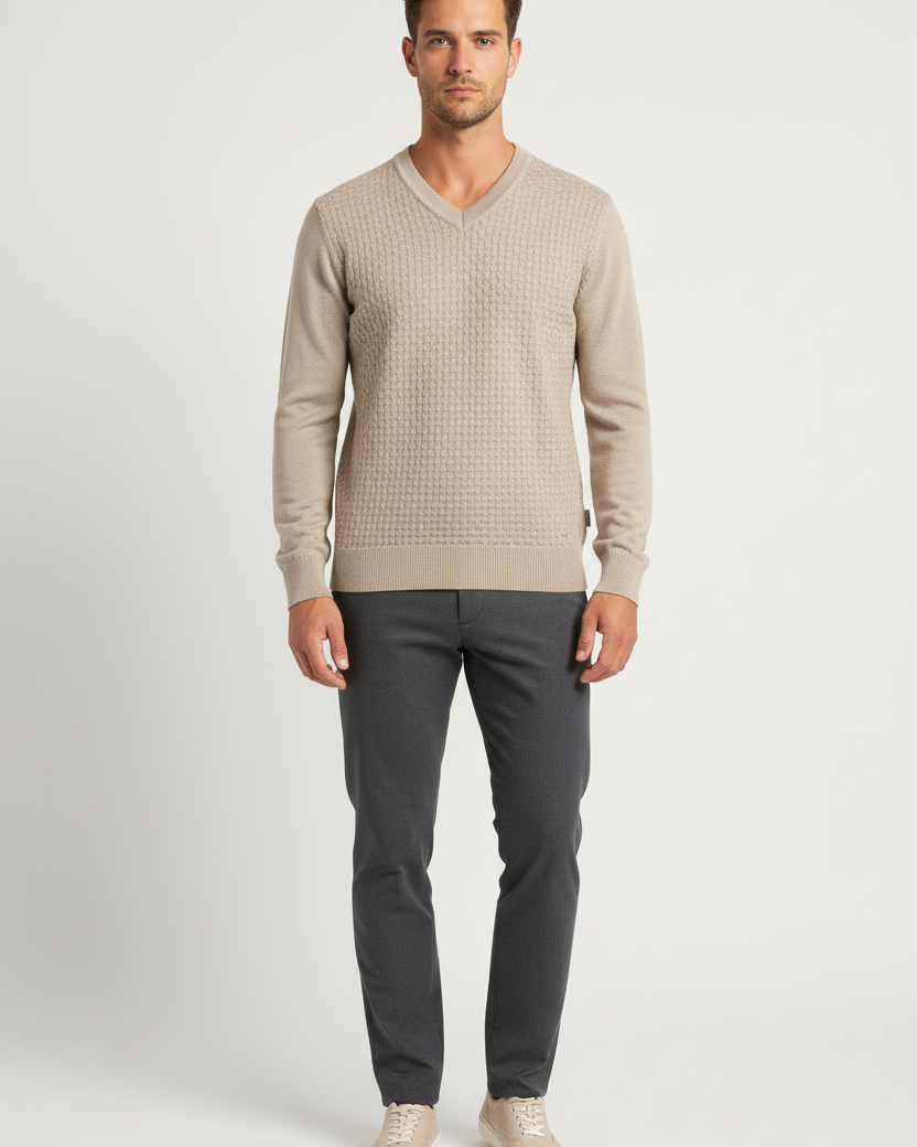Male model wearing the Wam Denim Forge beige textured V-neck sweater, front view