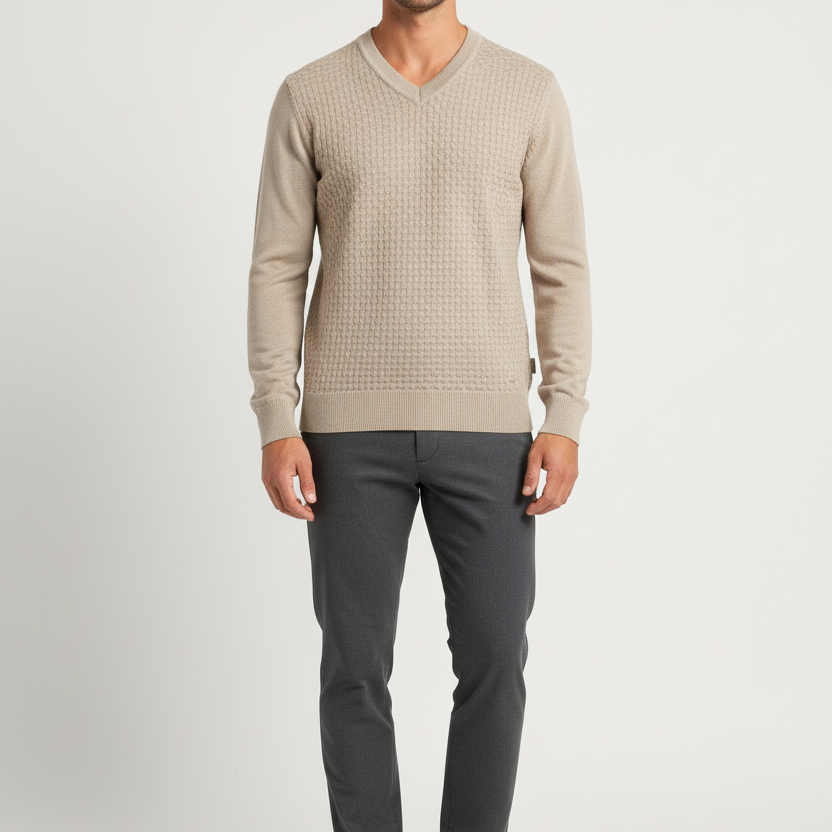 Male model wearing the Wam Denim Forge beige textured V-neck sweater, front view