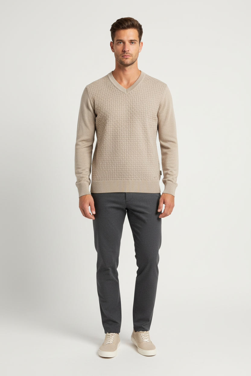 Male model wearing the Wam Denim Forge beige textured V-neck sweater, front view