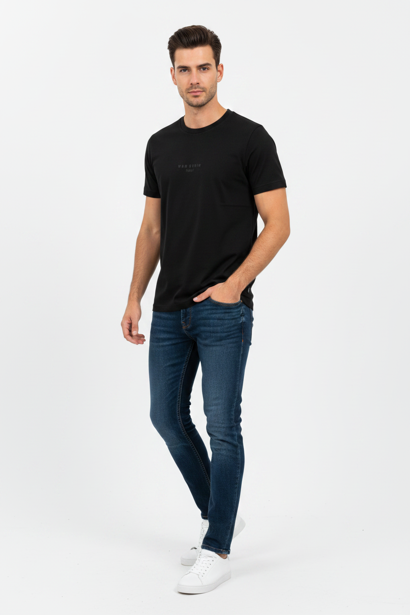 Wam Denim Cromer Black T-shirt – three-quarter view on model