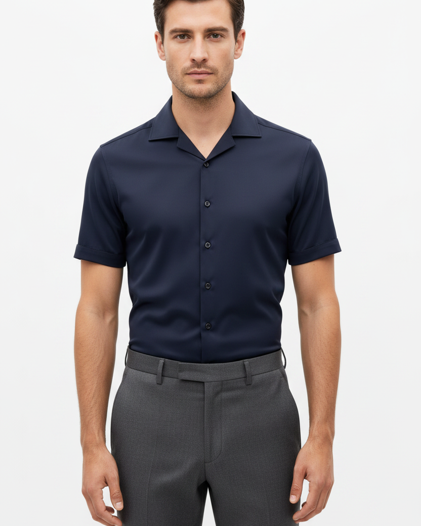 Wam Denim Lorven Navy Short Sleeve Shirt – model front view, tucked in