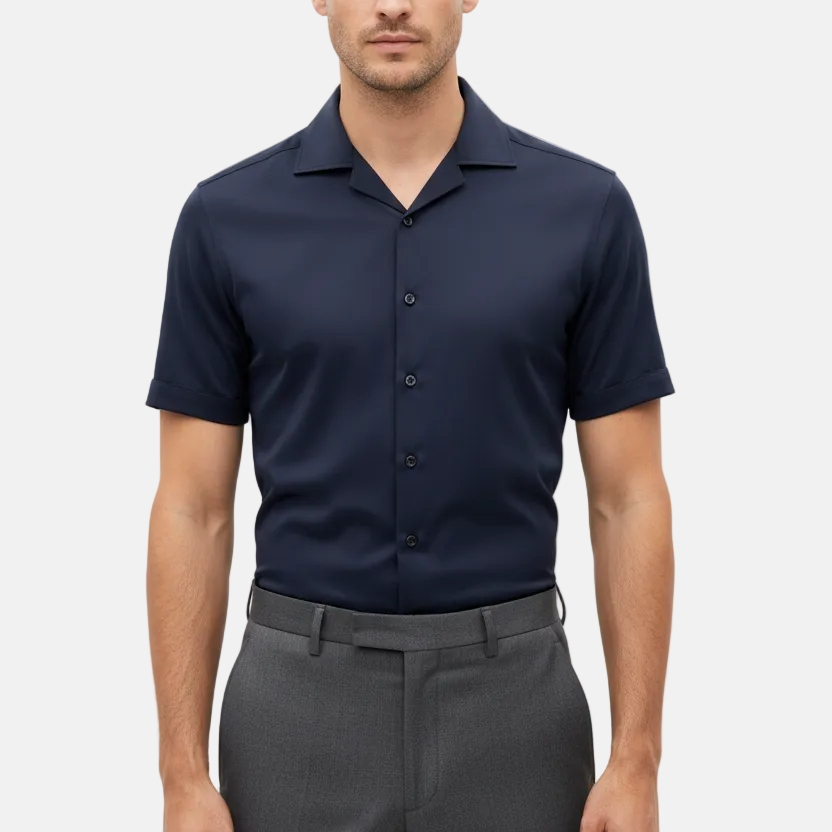 Wam Denim Lorven Navy Short Sleeve Shirt – model front view, tucked in