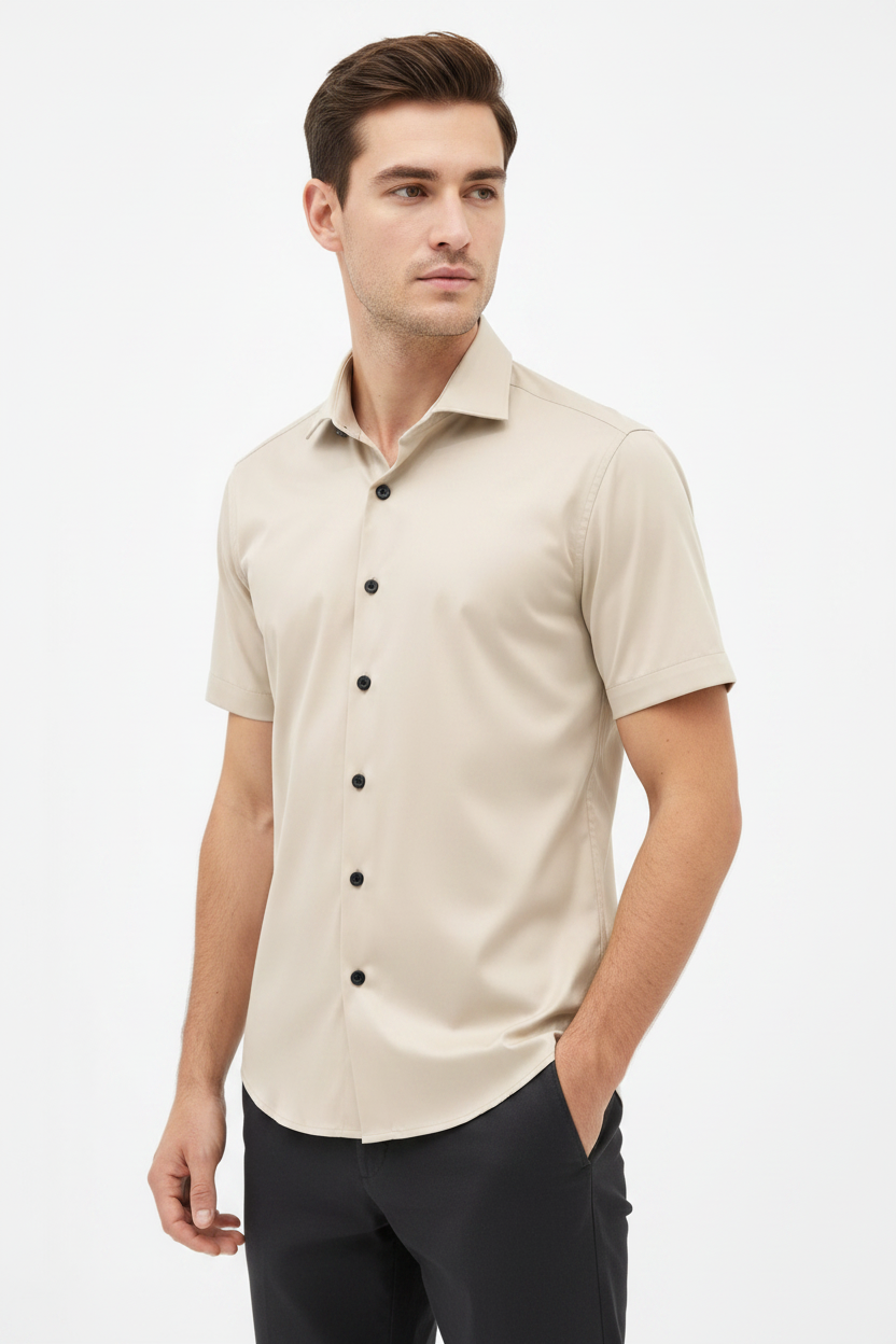 Wam Denim Brylor Beige Short Sleeve Shirt – three-quarter view on model, casual style