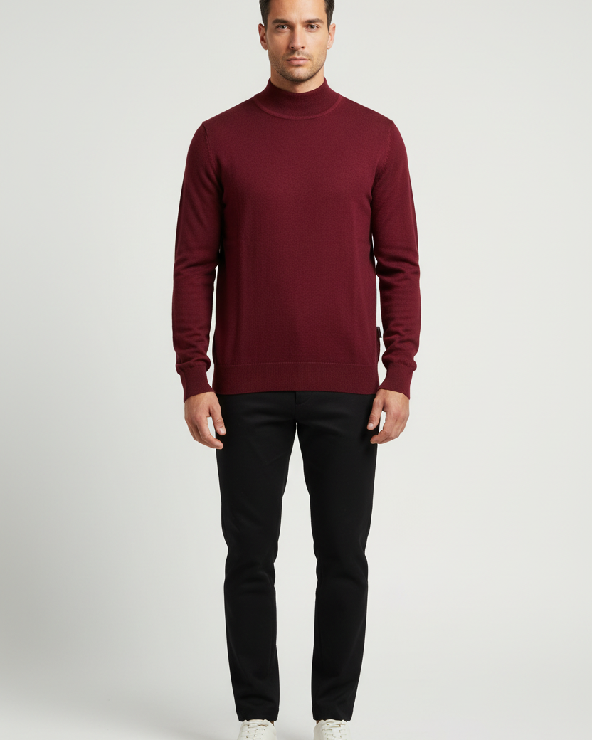 Male model wearing the Wam Denim Lux dark-red mock-neck knit sweater, front view