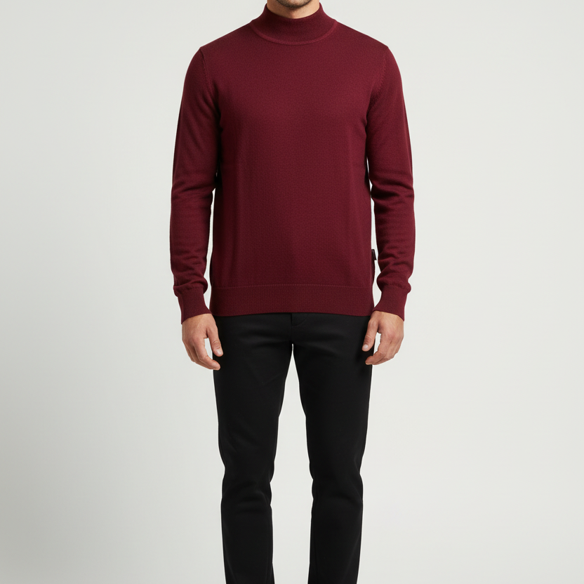 Male model wearing the Wam Denim Lux dark-red mock-neck knit sweater, front view