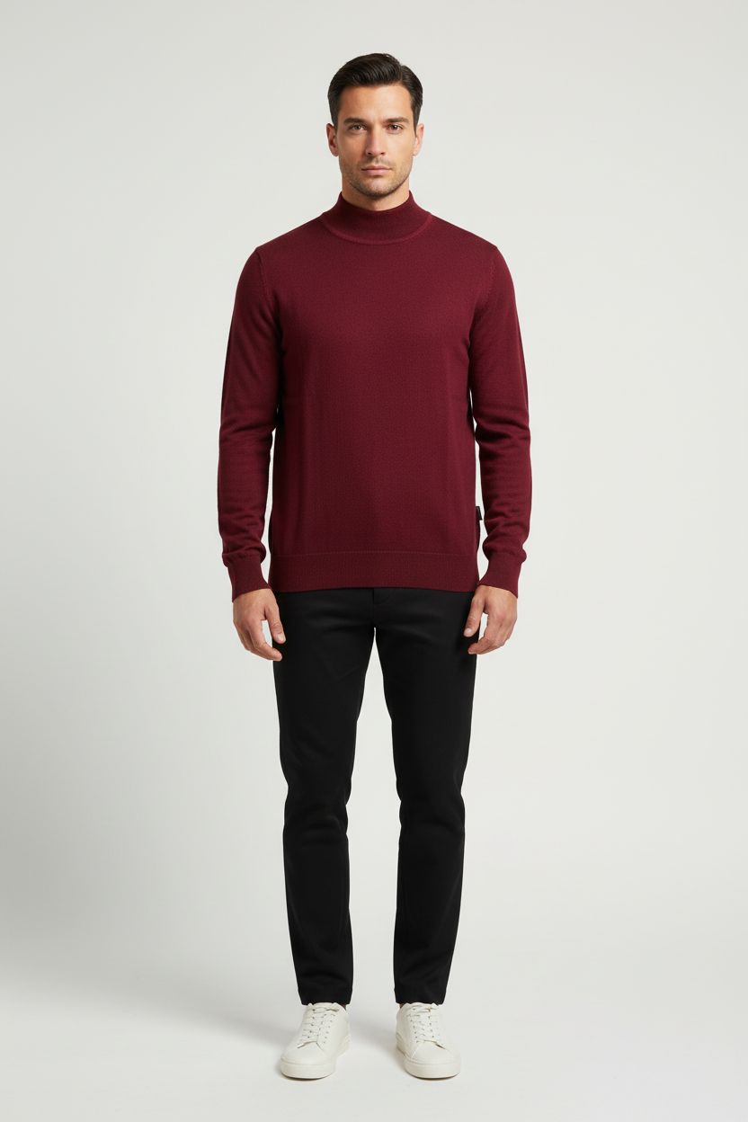 Male model wearing the Wam Denim Lux dark-red mock-neck knit sweater, front view