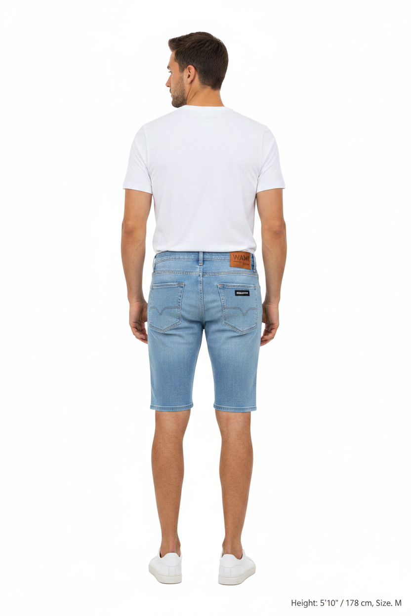 Back view - Yevan Light Blue Denim Shorts on model
