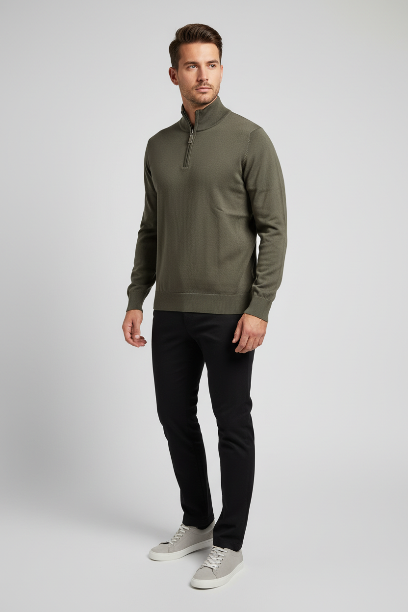 Male model wearing the Shrap khaki pullover in a three-quarter view