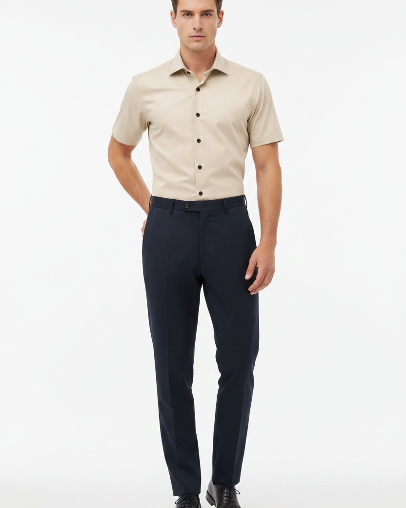 Wam Denim Brylor Beige Short Sleeve Shirt – model front view, tucked in