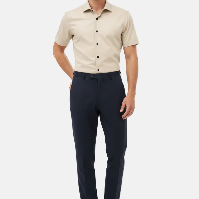 Wam Denim Brylor Beige Short Sleeve Shirt – model front view, tucked in