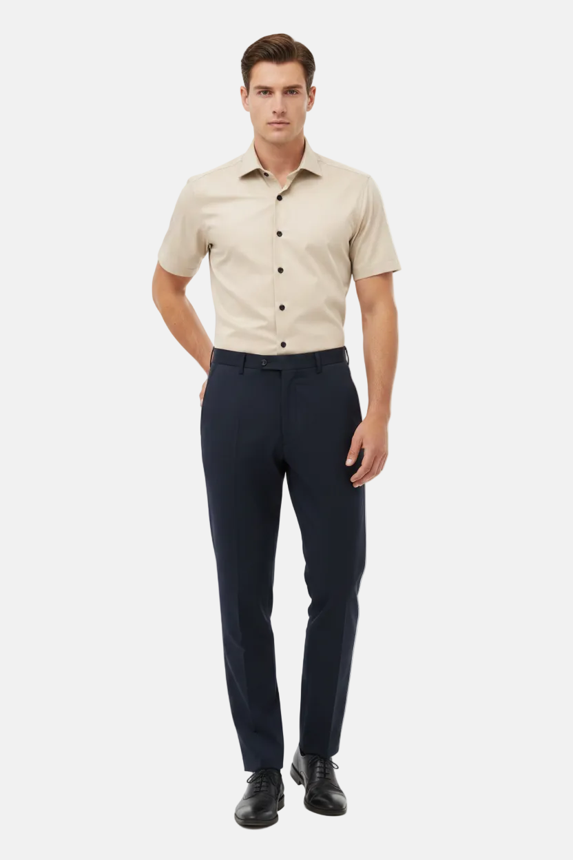 Wam Denim Brylor Beige Short Sleeve Shirt – model front view, tucked in
