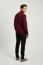 Back view of a male model wearing the Lux dark-red sweater with Wam Denim neck branding