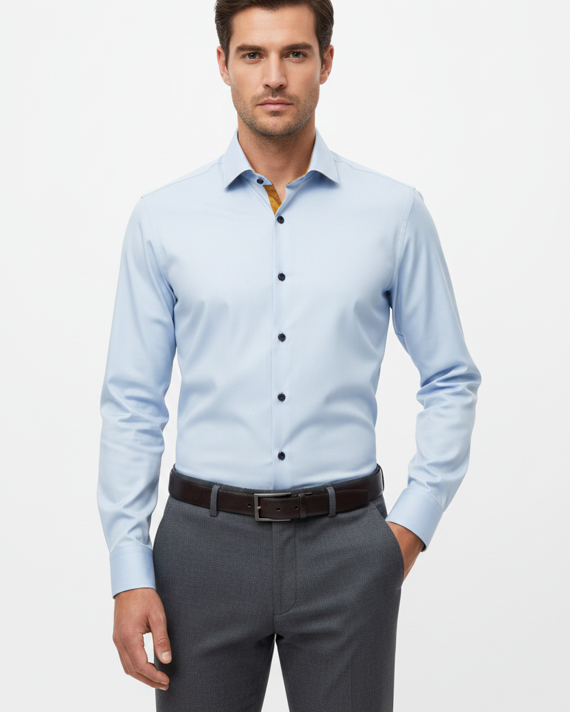 Wam Denim Ordin Light Blue Long Sleeve Shirt – model front view, tucked in
