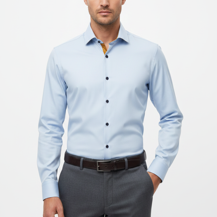 Wam Denim Ordin Light Blue Long Sleeve Shirt – model front view, tucked in