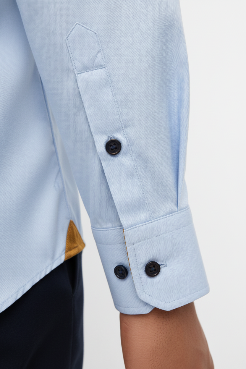 Wam Denim Ordin Light Blue Shirt – long sleeve cuff with mustard gold lining and navy button