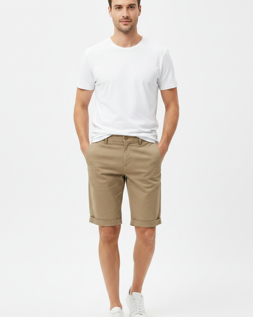 Wam Denim Kelden Dark Beige Chino Shorts – model front view with size label
