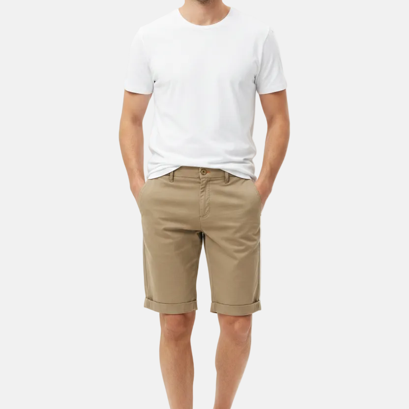 Wam Denim Kelden Dark Beige Chino Shorts – model front view with size label