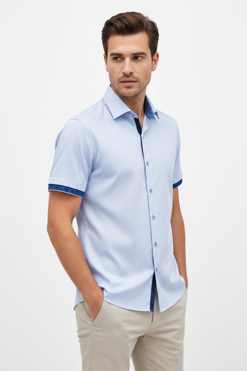 Wam Denim Seldor Blue Short Sleeve Shirt – three-quarter view on model, casual style