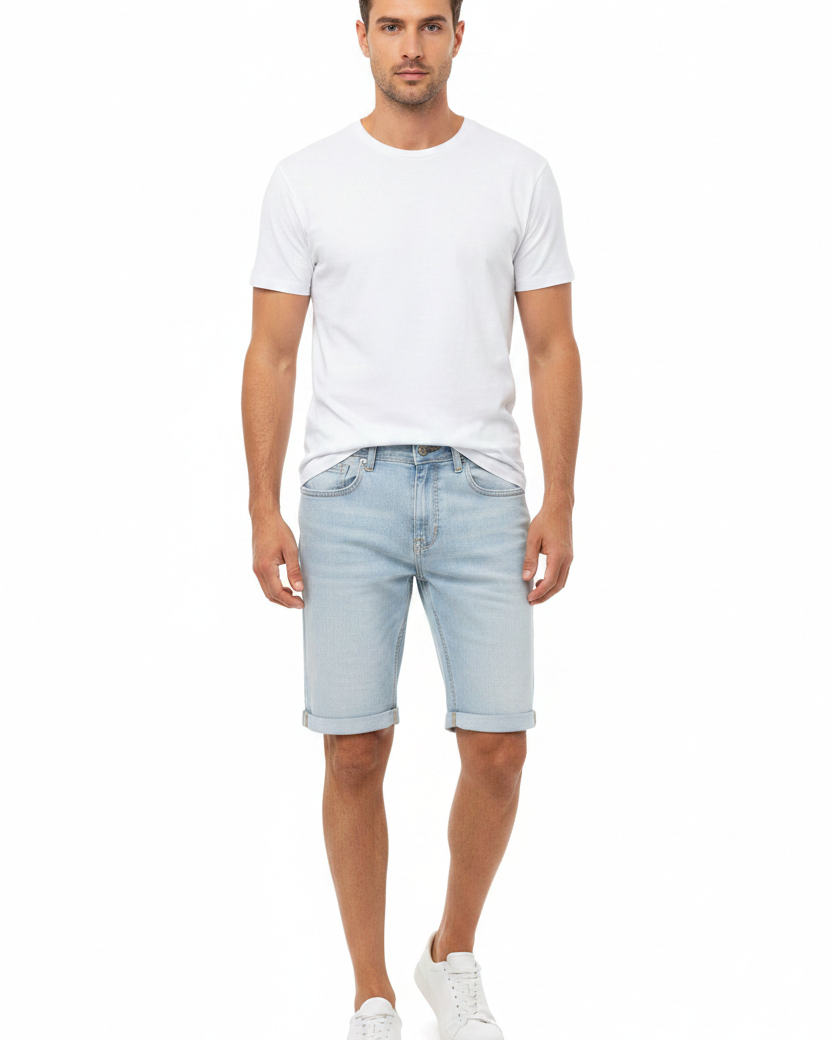 Front view - Yevan Light Blue Denim Shorts on model
