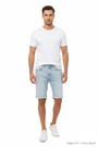 Front view - Yevan Light Blue Denim Shorts on model