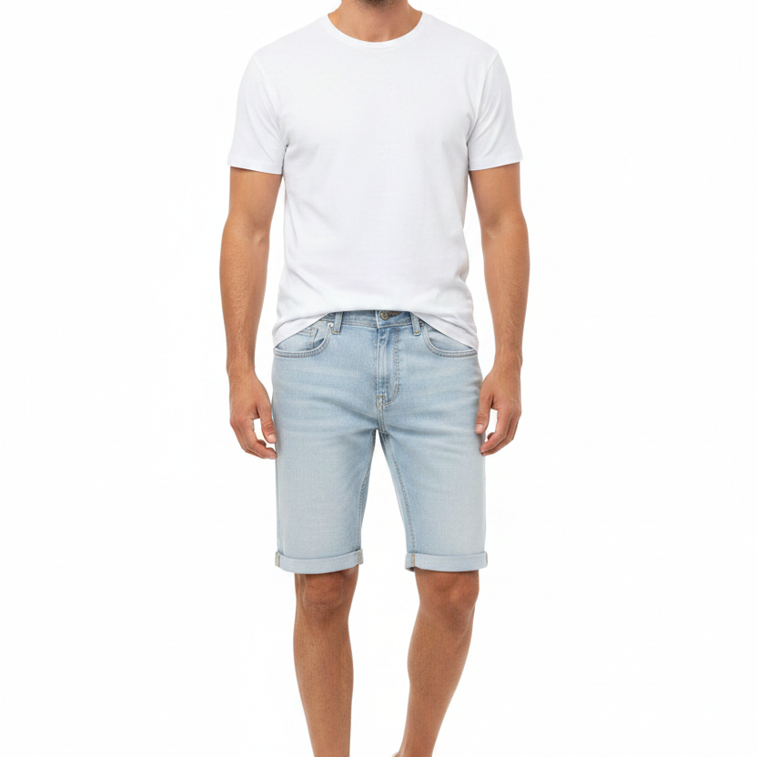 Front view - Yevan Light Blue Denim Shorts on model