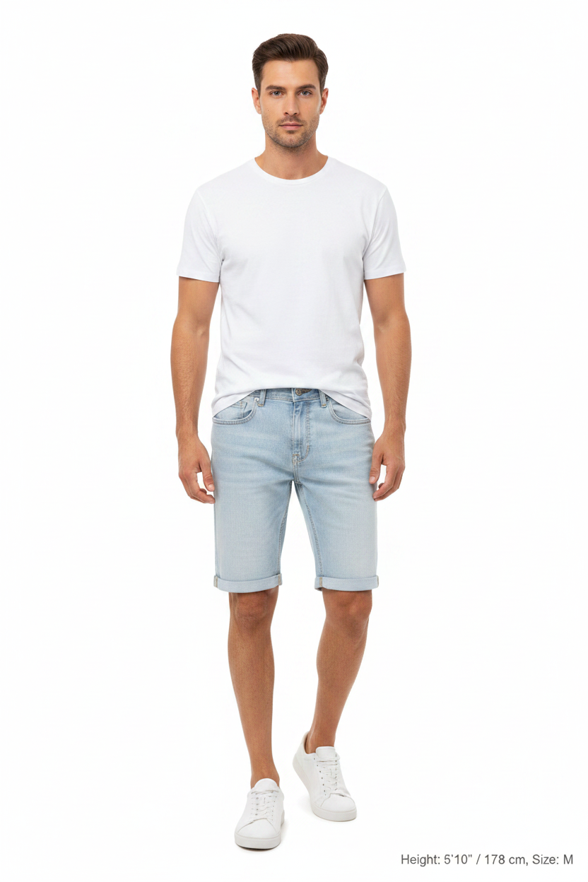Front view - Yevan Light Blue Denim Shorts on model