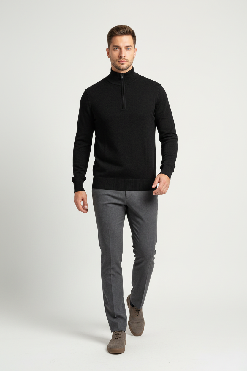 Male model in a walking pose wearing the Wam Denim Sharp black quarter-zip knit sweater