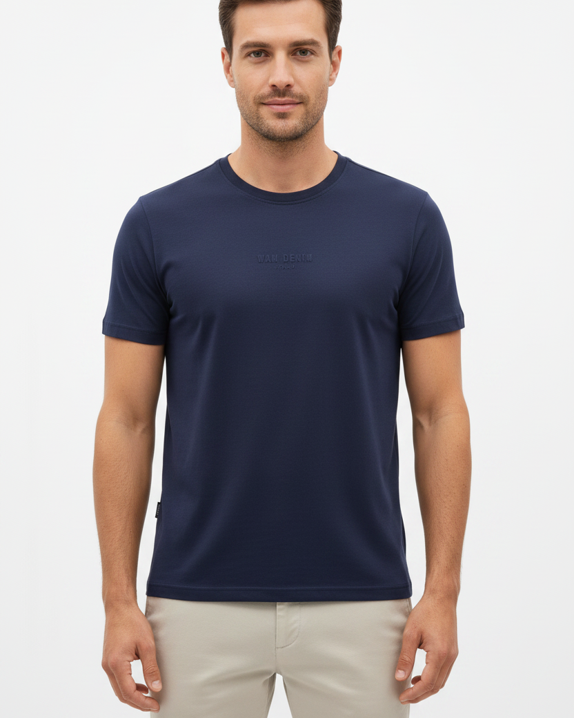 Wam Denim Cromer Navy T-shirt – model front view with size label