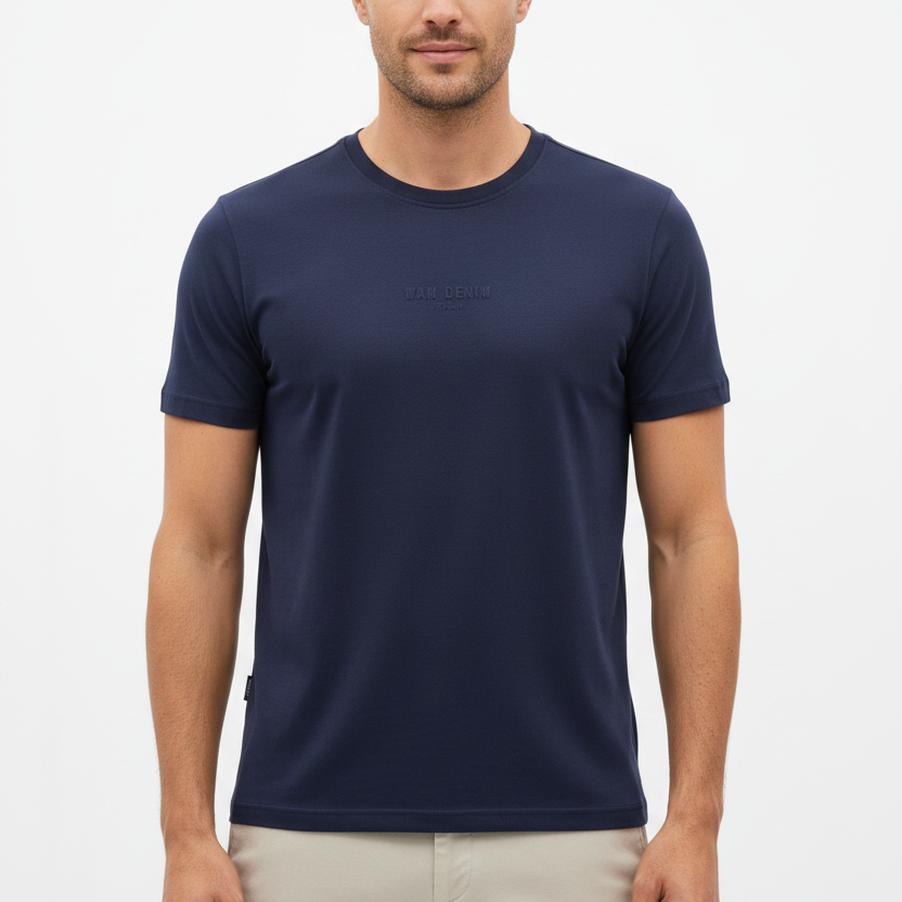 Wam Denim Cromer Navy T-shirt – model front view with size label