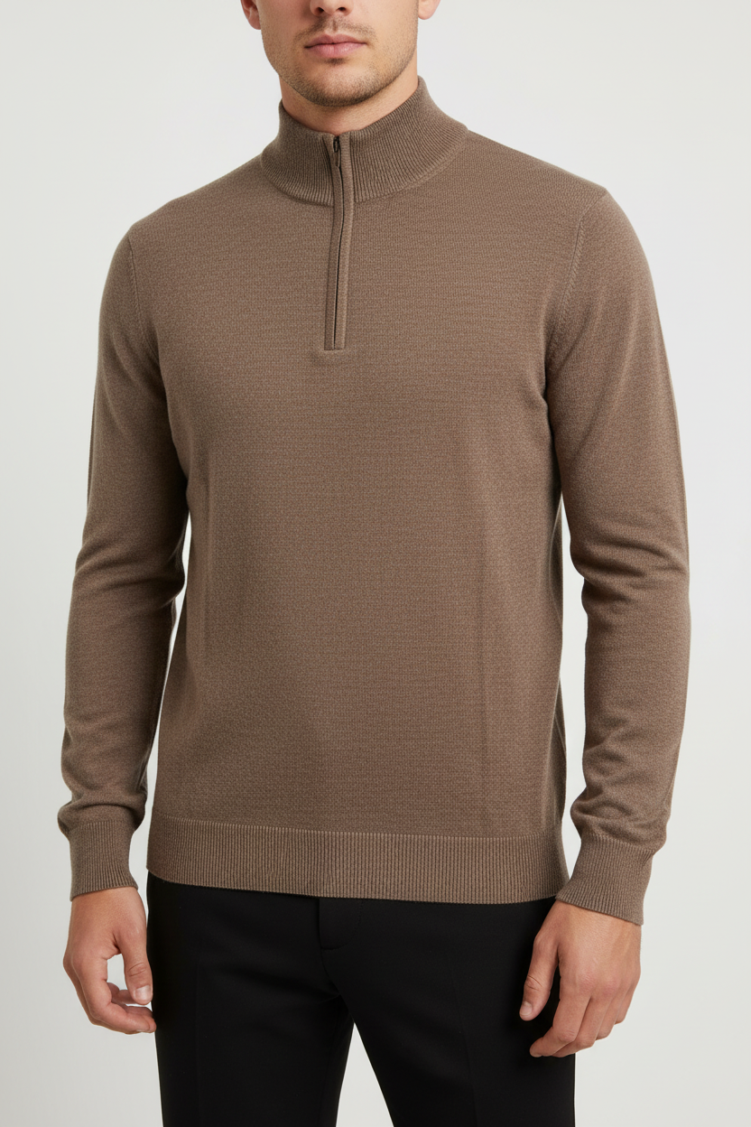 Close view of the ribbed collar, zipper and fine-knit texture of a brown sweater
