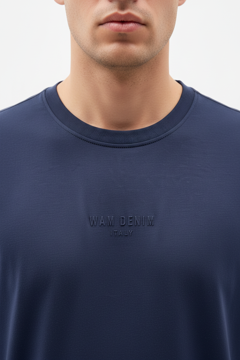 Wam Denim Cromer Navy T-shirt – crew neck and tonal chest logo close-up