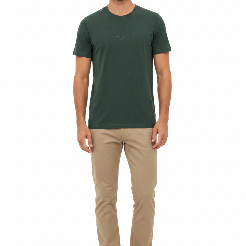 Wam Denim Cromer Dark Green T-shirt – model front view with size label