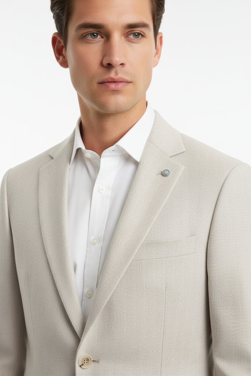 Wam Denim Corlan Light Beige Blazer – lapel and teal pin close-up