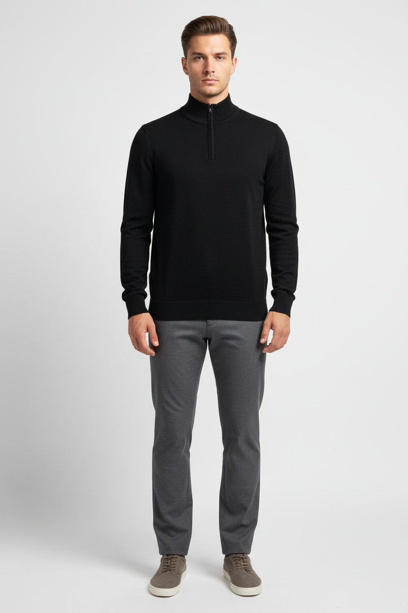 Close view of the ribbed collar, zipper and fine-knit texture of the Halron black sweater