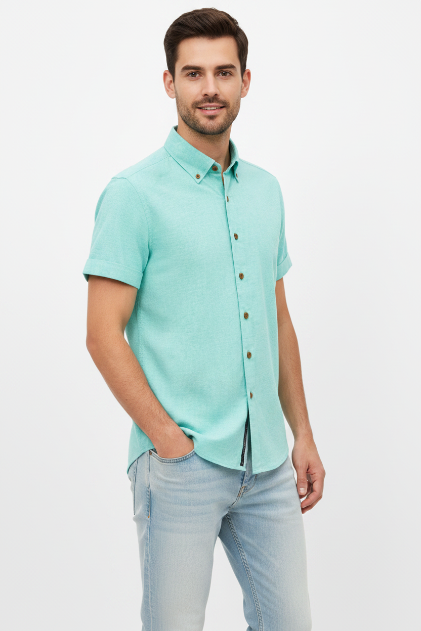 Wam Denim Quarn Turquoise Short Sleeve Shirt – three-quarter view on model, casual style