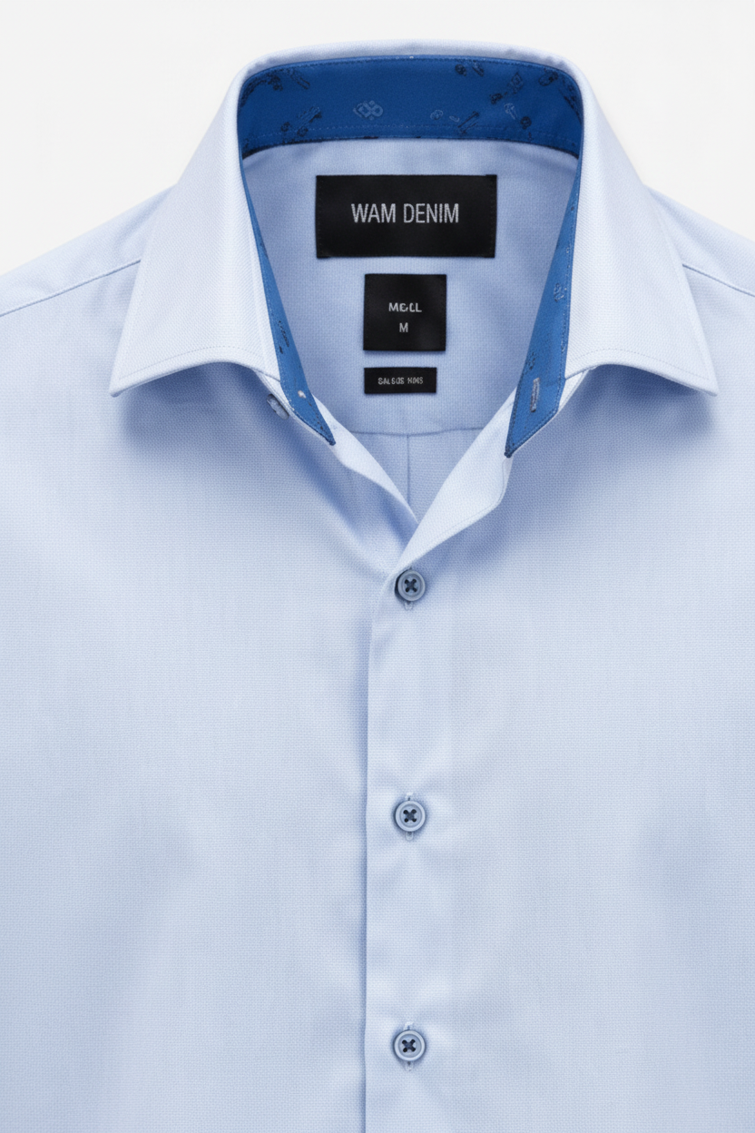 Wam Denim Seldor Blue Shirt – spread collar with white inner lining and navy trim close-up