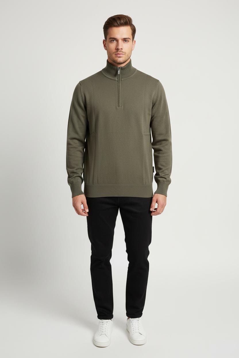 Close view of the neckline, shoulder construction and texture of the Shrap khaki pullover