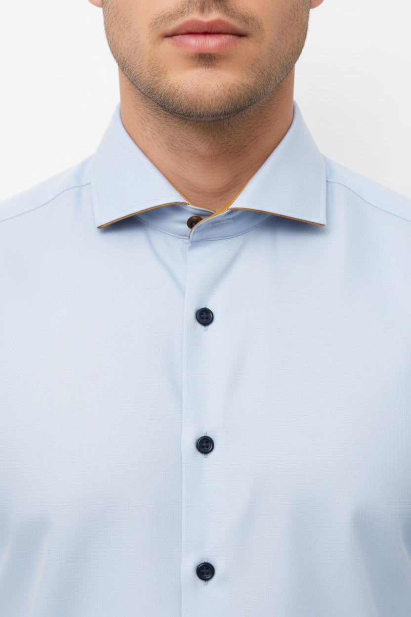 Wam Denim Ordin Light Blue Shirt – spread collar with mustard gold inner lining close-up