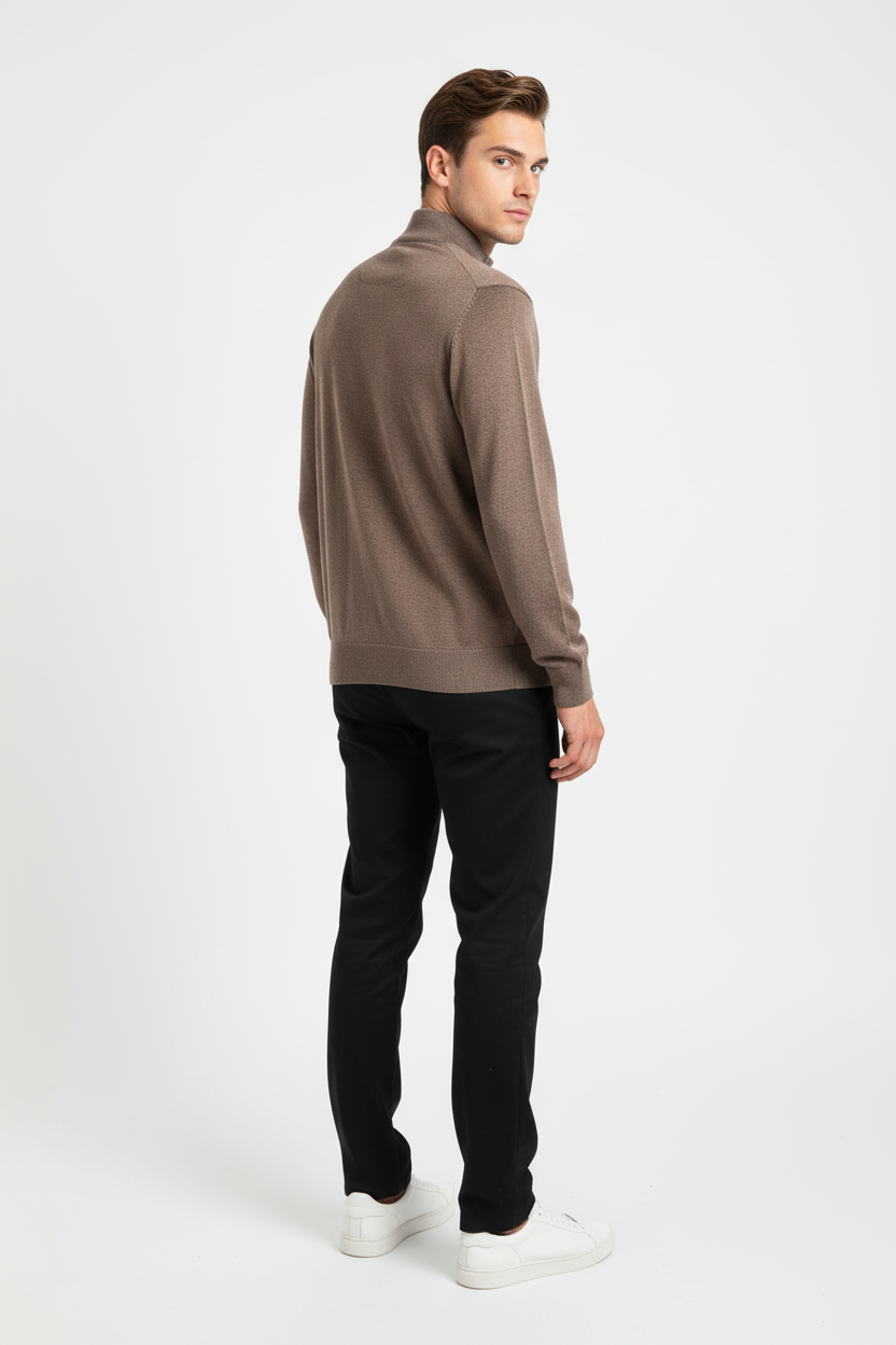 Back view of a male model wearing a Wam Denim brown quarter-zip sweater