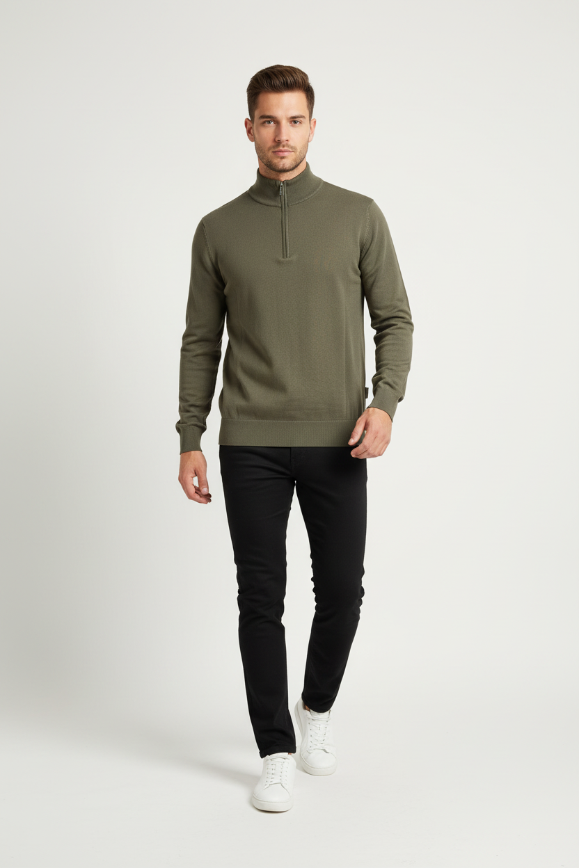 Male model in a walking pose wearing the Wam Denim Shrap khaki pullover