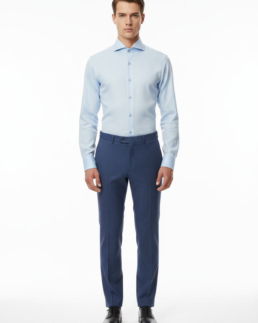Full body front - light blue shirt first button open