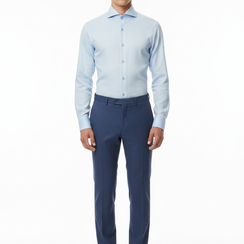 Full body front - light blue shirt first button open