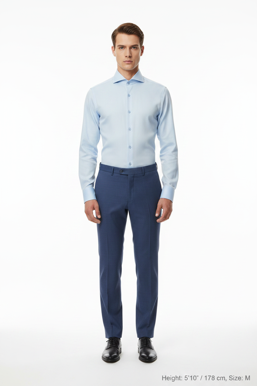 Full body front - light blue shirt first button open