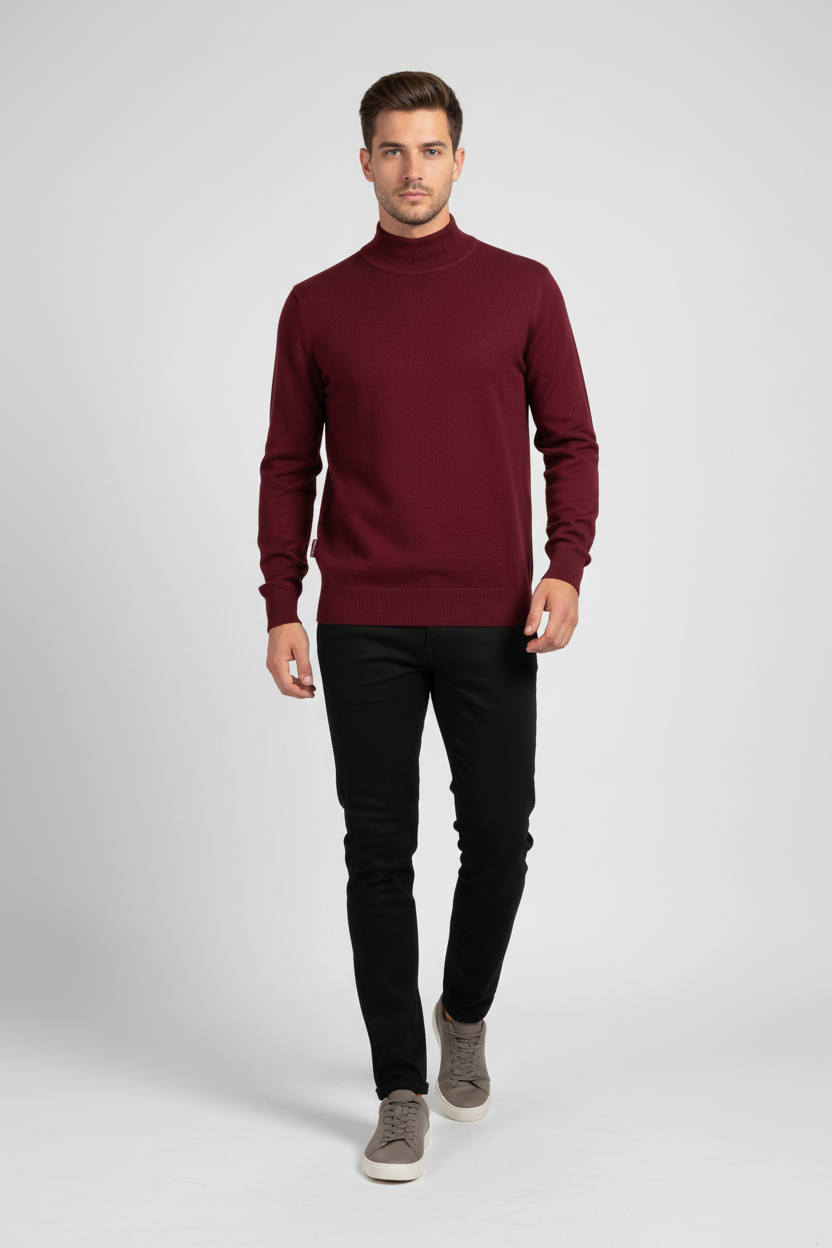 Male model in a walking pose wearing the Wam Denim Lux dark-red mock-neck knit sweater