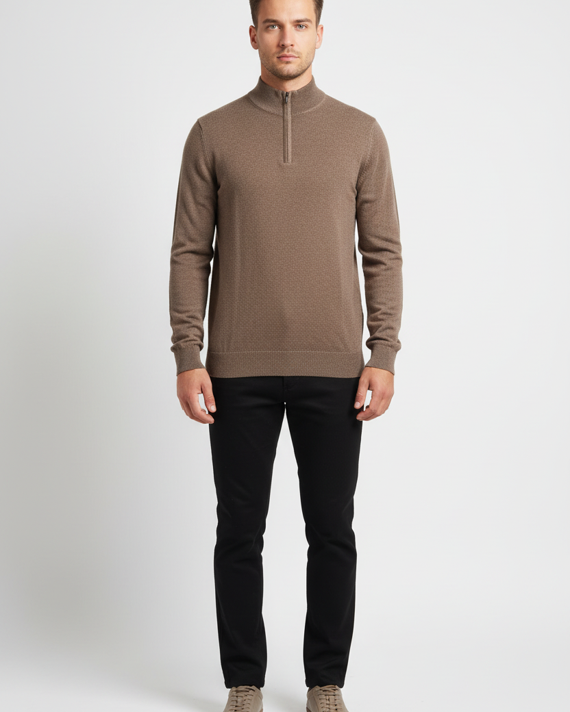 Male model wearing a Wam Denim brown quarter-zip knit sweater, front view