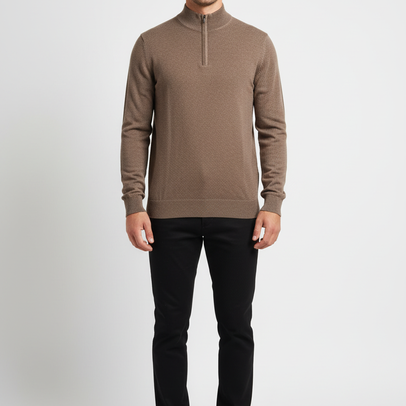 Male model wearing a Wam Denim brown quarter-zip knit sweater, front view