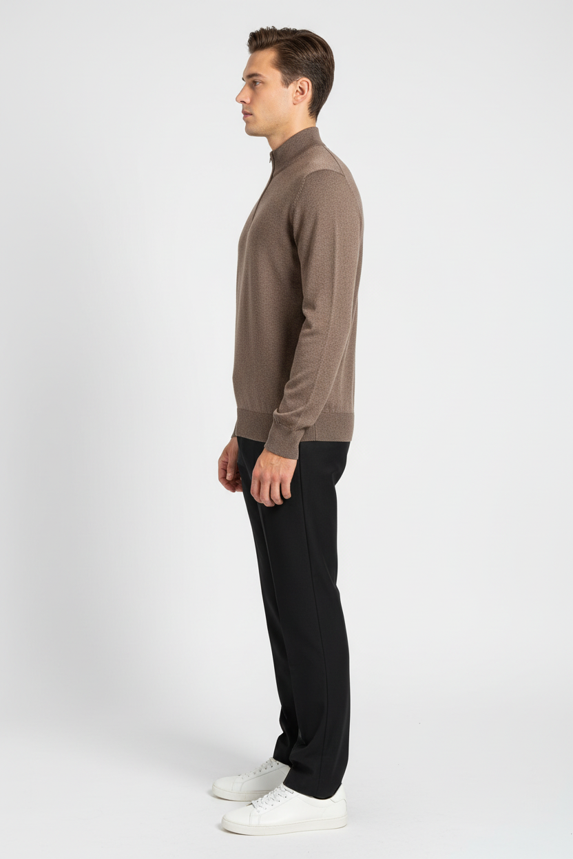 Side view of a male model wearing a brown fine-knit quarter-zip sweater